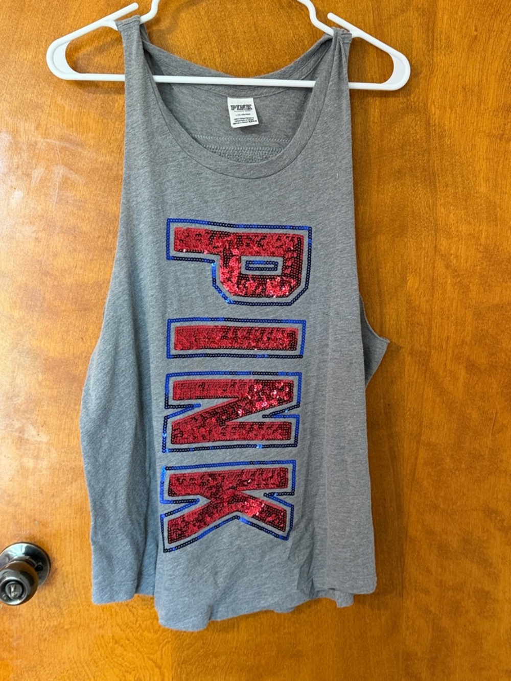 PINK Victoria's Secret Gray Tank with Red Sequin Logo and Blue Trim